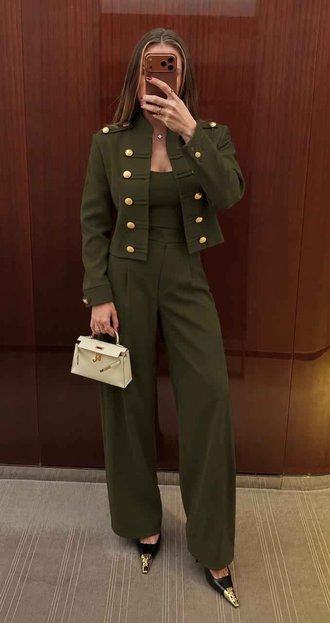 Σετ military σακάκι και wide leg παντελόνι χακί