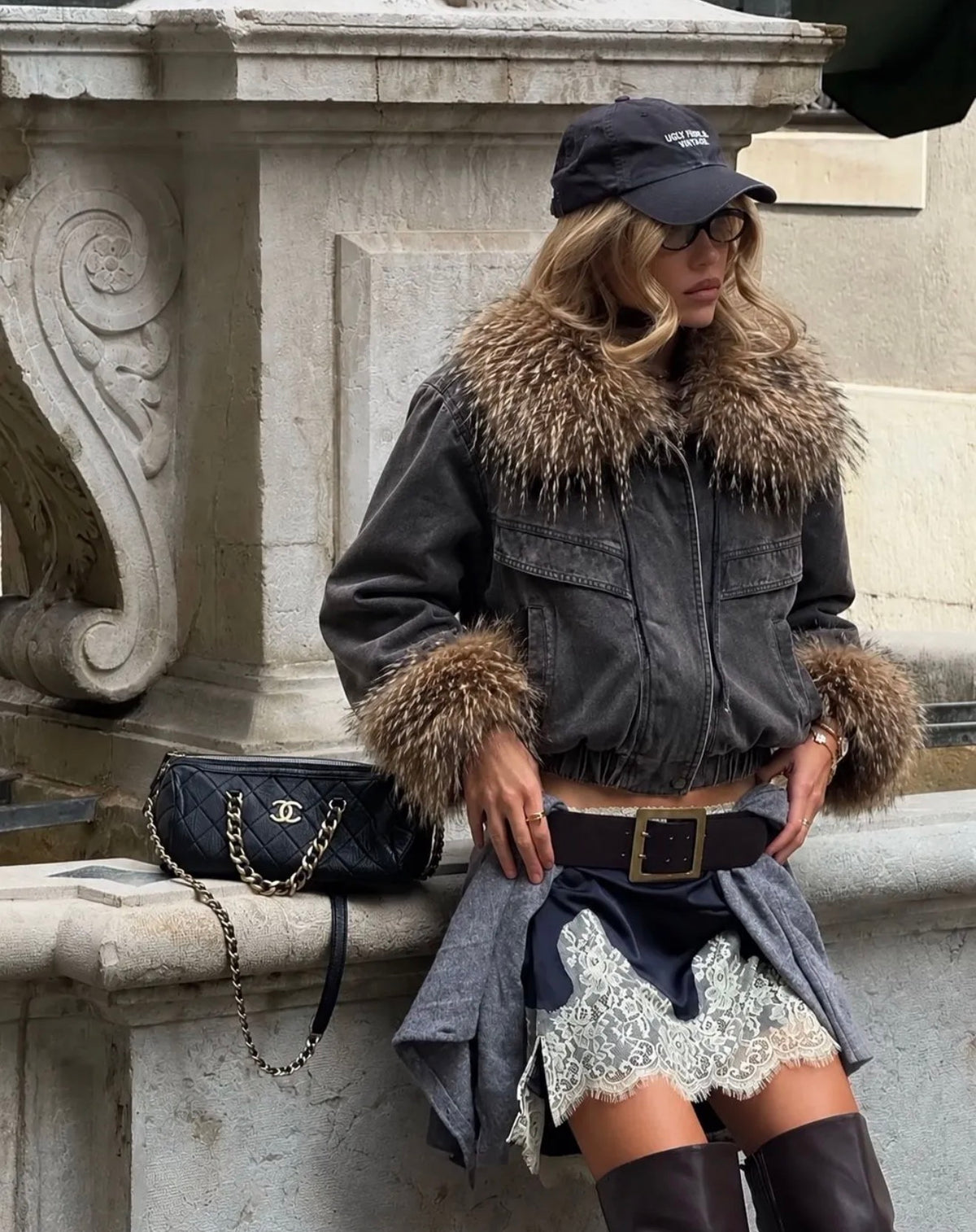 Denim Bomber Jacket με Γούνινο Γιακά