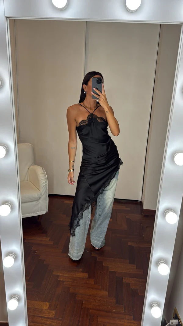 Ασύμμετρο Lingerie μπλούζα-φόρεμα halter