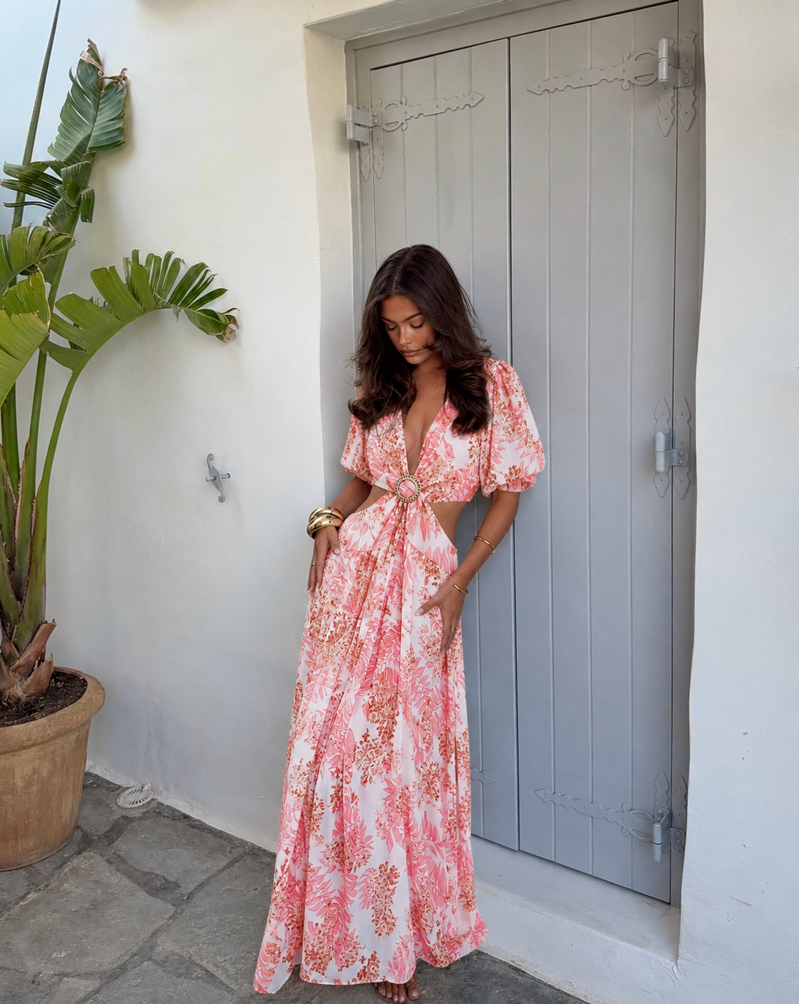 Maxi Floral Φόρεμα Cut-Out