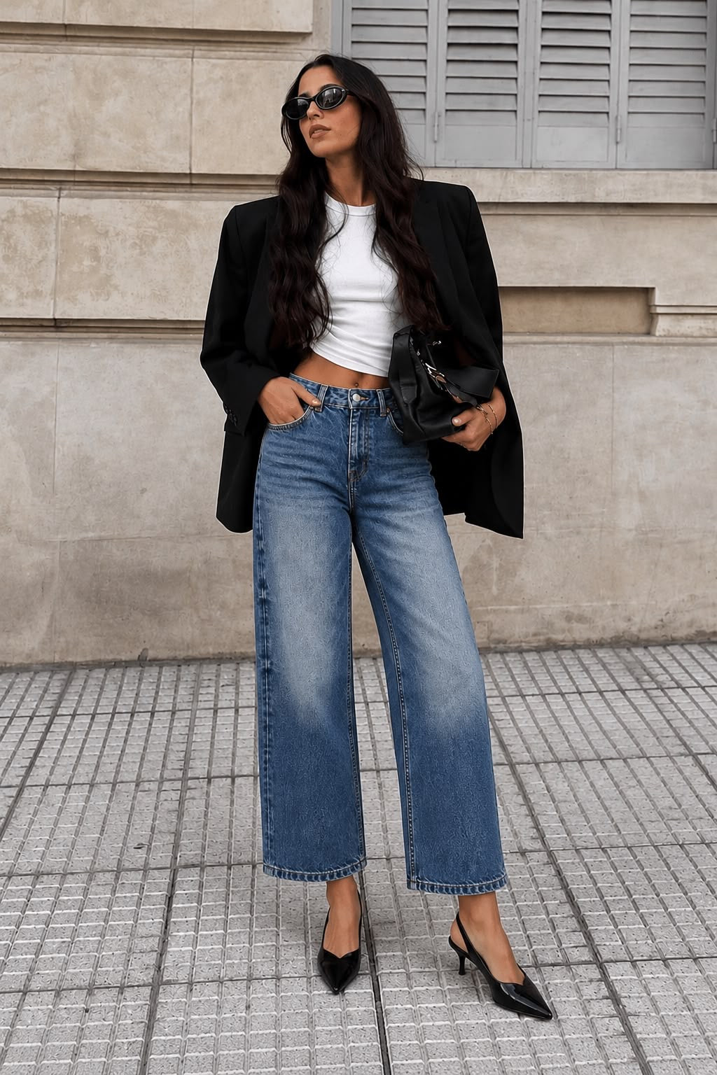 Wide leg τζιν ψηλόμεσο μπλε σε μοντέλο