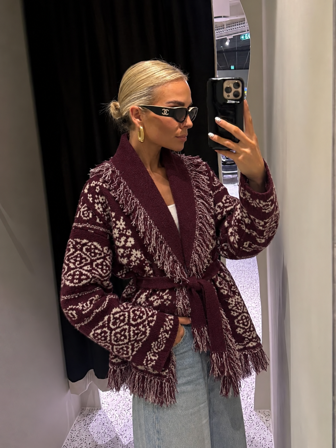Πλεκτή Ζακέτα Jacquard με Κρόσσια και Ζώνη
