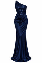 Maxi φόρεμα one shoulder με παγιέτες μπλε σκούρο