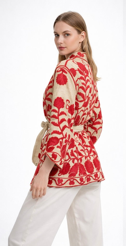 Κιμονό με κόκκινο print και ζώνη