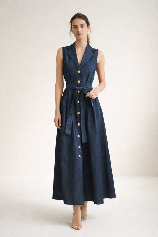 Midi φόρεμα denim με κουμπιά & ζώνη
