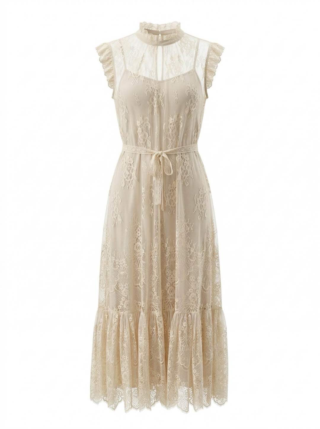 Premium Lace Midi Dress με Ζώνη & Ρομαντικό Neckline