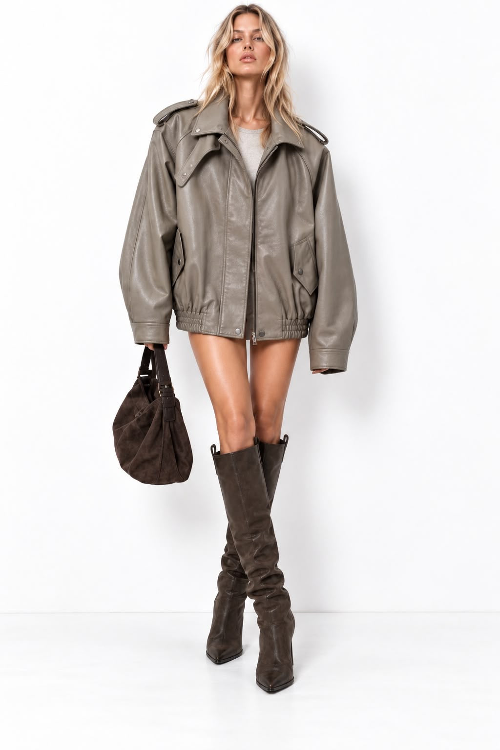 Oversized bomber μπουφάν δερματίνη γκρι