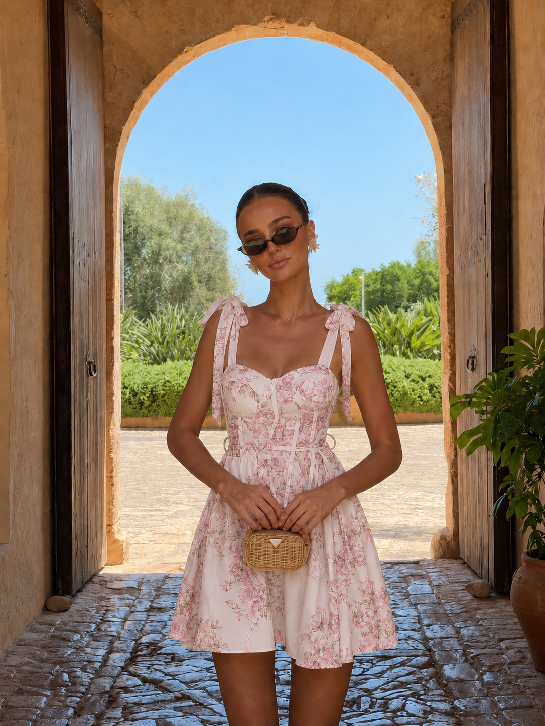 Floral Mini Φόρεμα με Corset Μπούστο