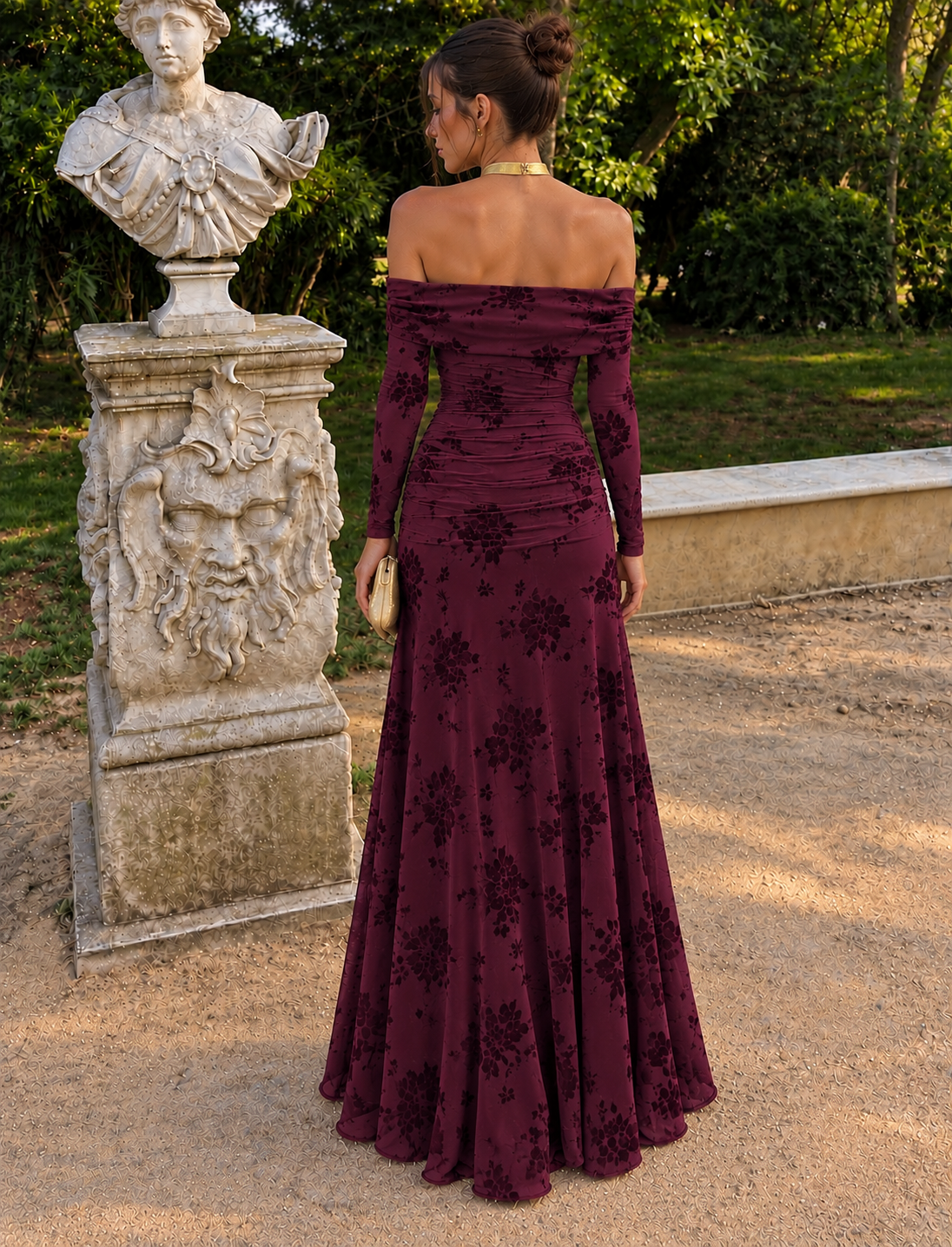Maxi Φόρεμα Off Shoulder με Floral Βελούδινο Σχέδιο