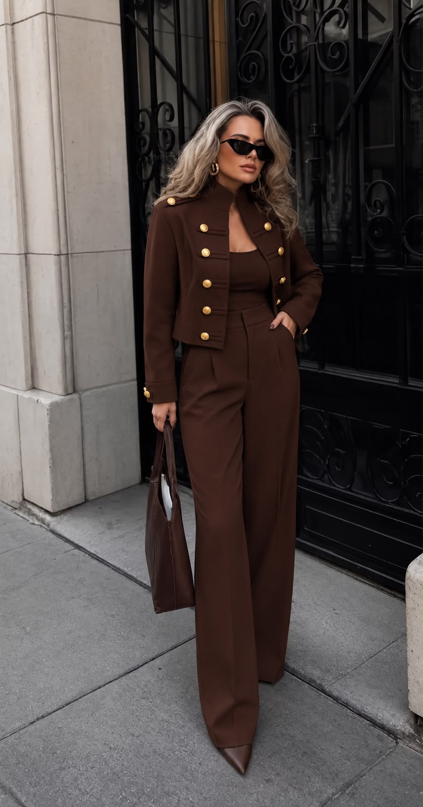 Σετ military σακάκι και wide leg παντελόνι καφέ