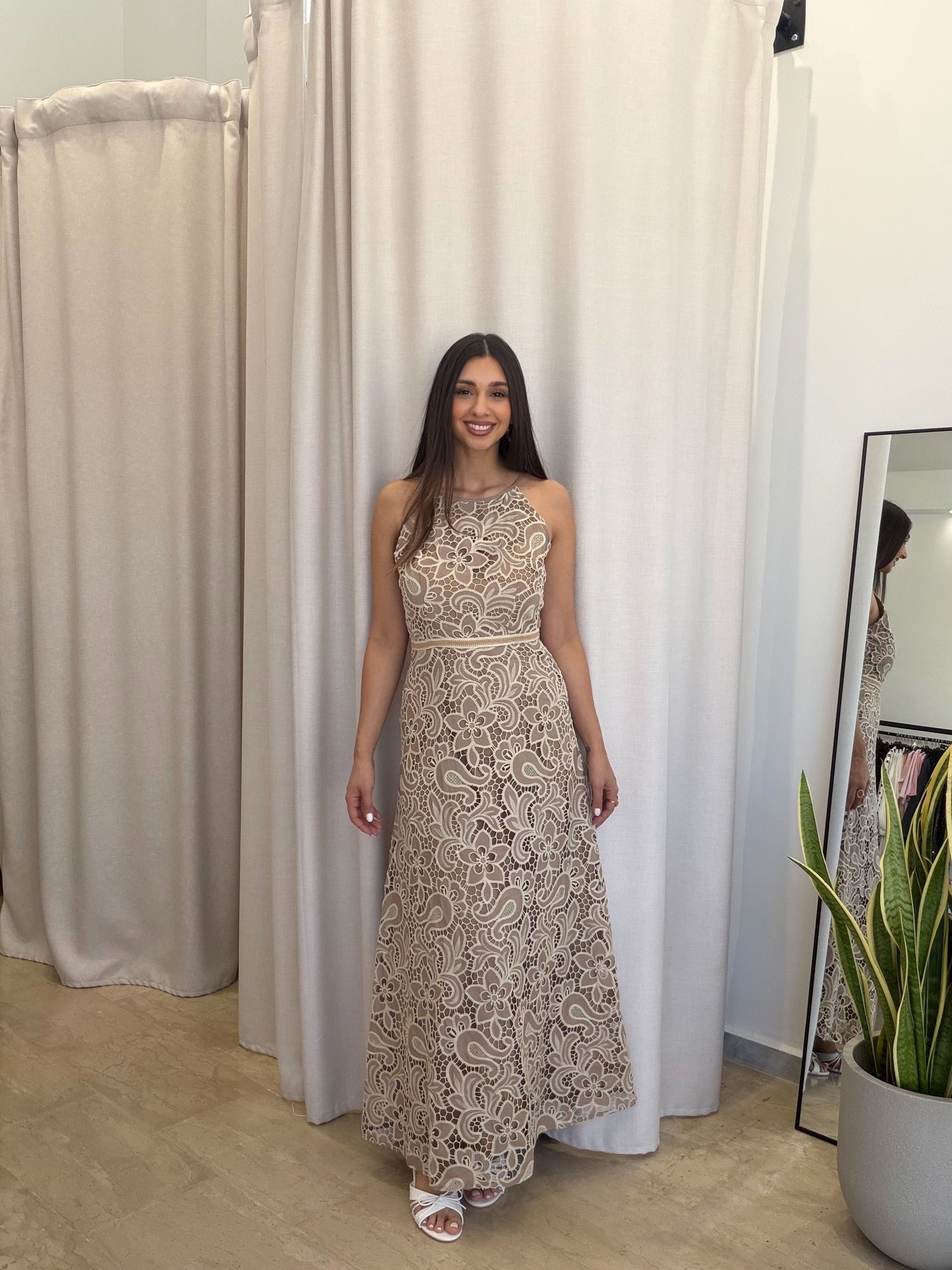Halter Maxi Φόρεμα με Δαντελένιο Print