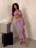 Floral Σετ με Crop Top & Midi Φούστα με Βολάν