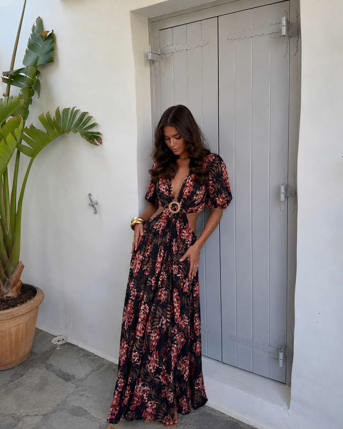 Maxi Floral Φόρεμα Cut-Out