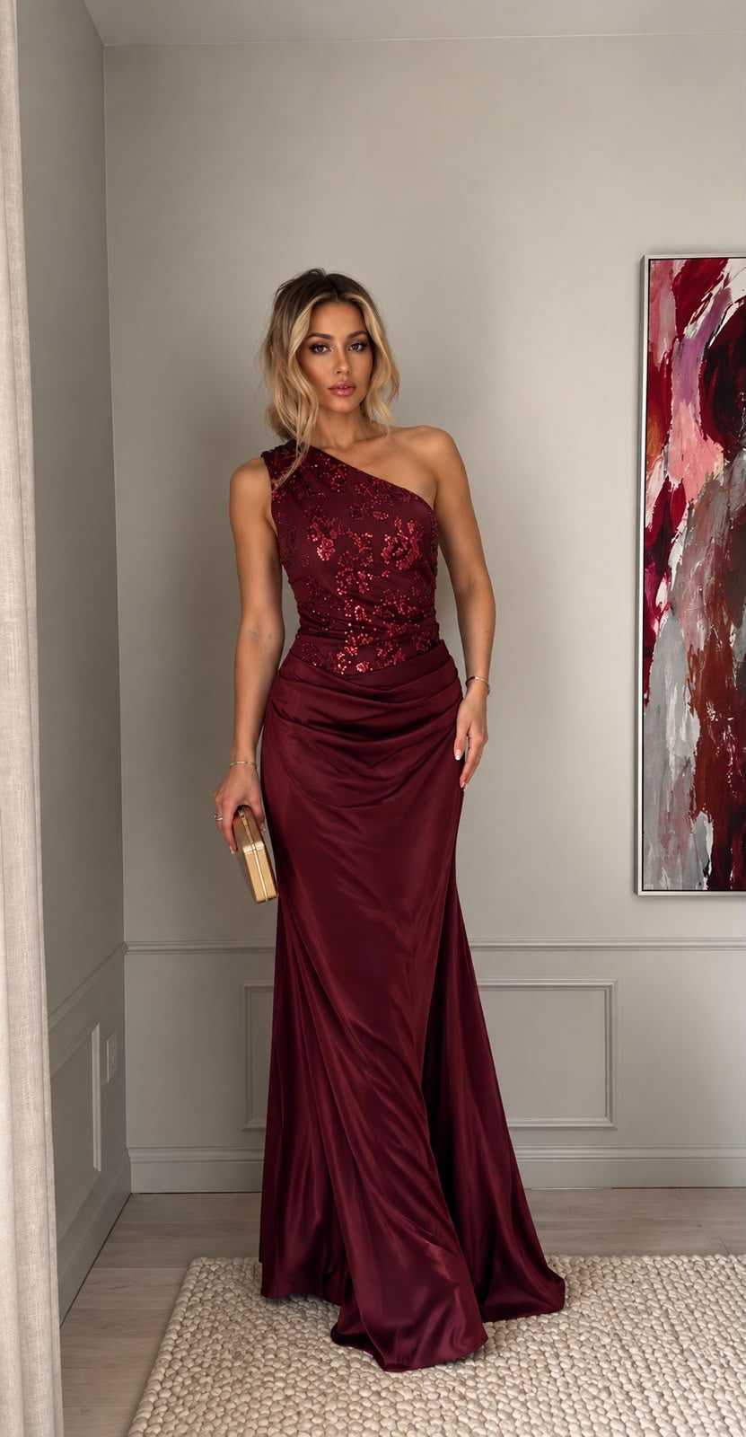 Maxi φόρεμα one shoulder με παγιέτες μπορντό