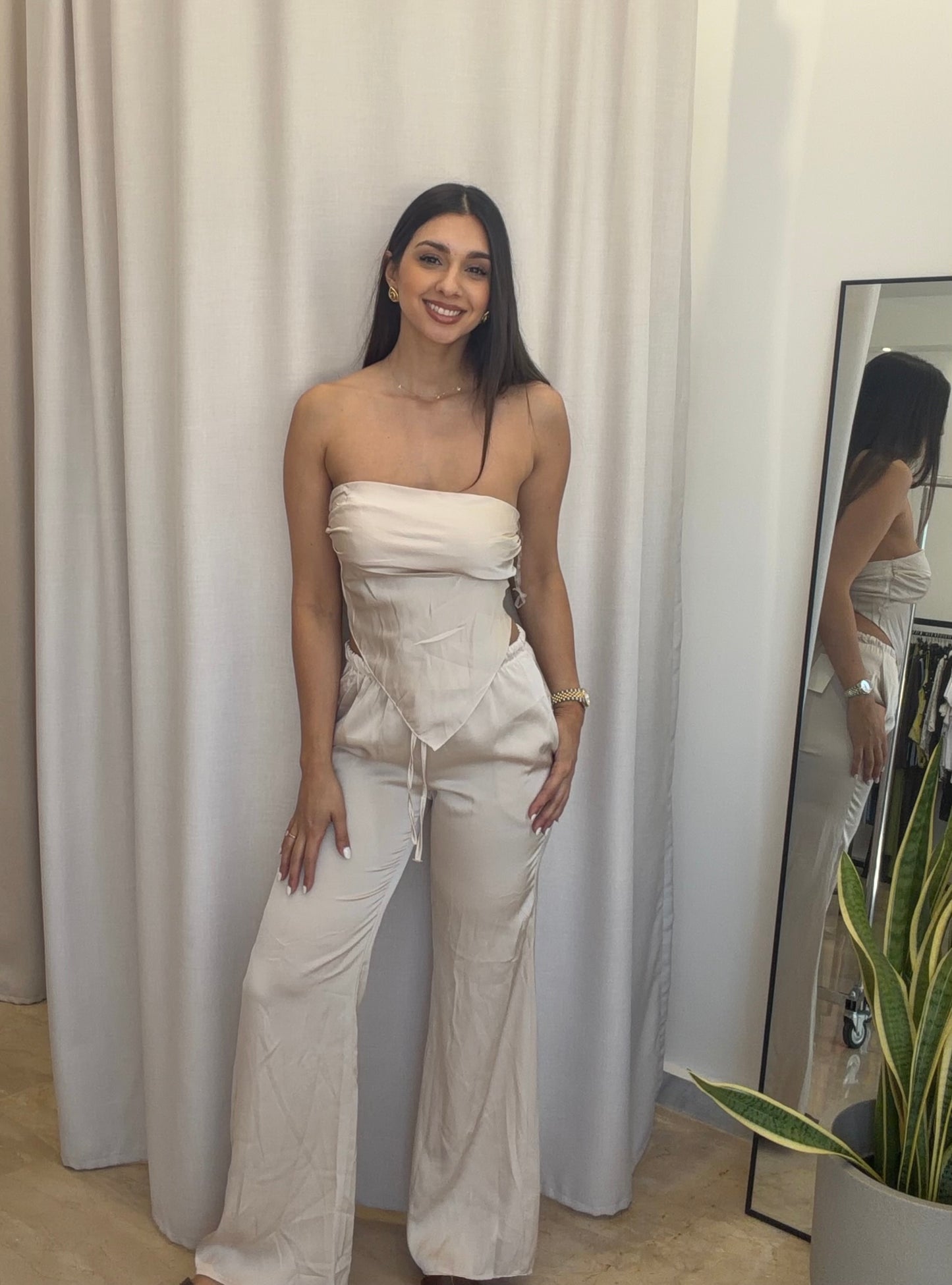 Σατέν Σετ με Strapless Τοπ & Παντελόνα