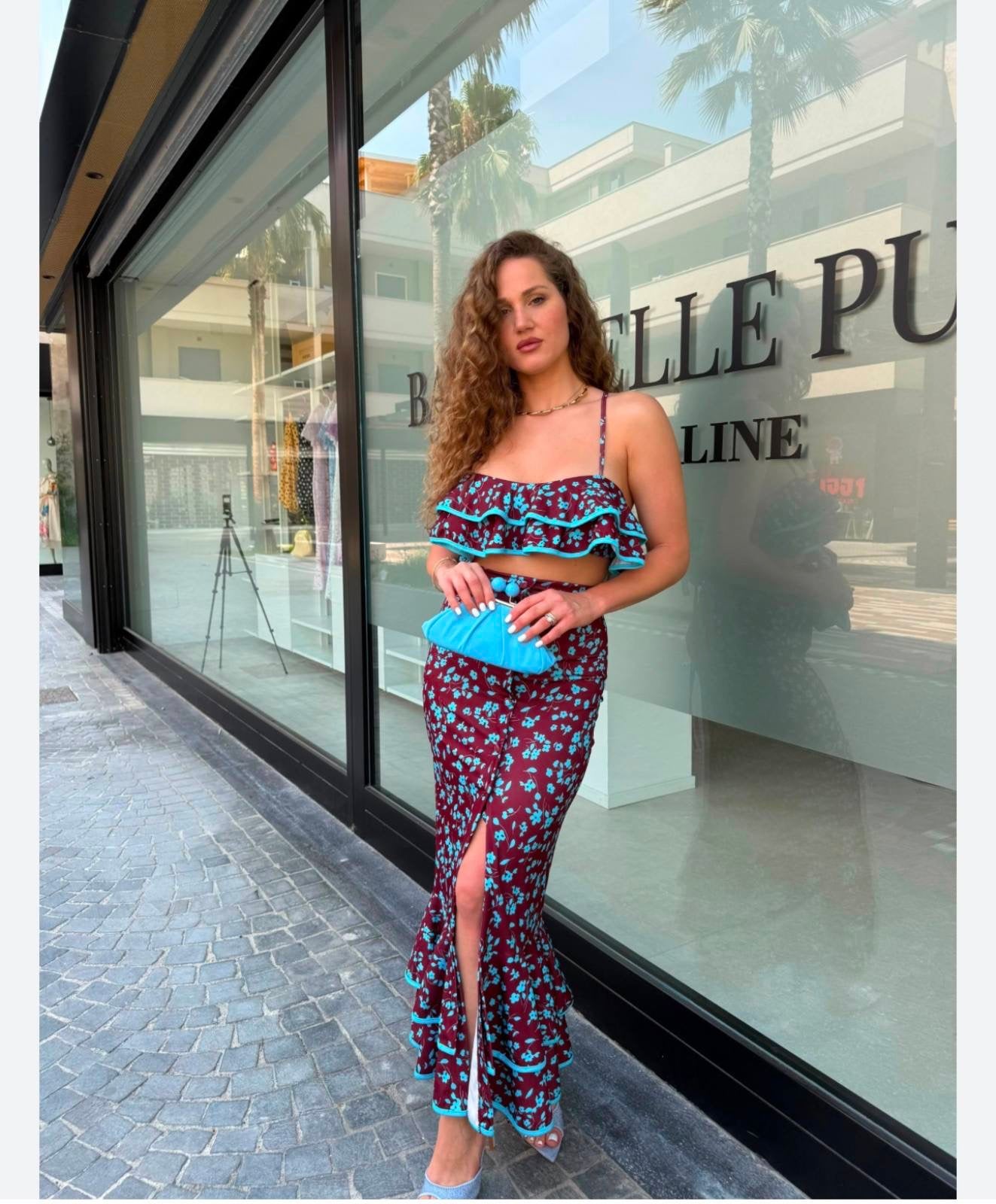 Floral Σετ με Crop Top & Midi Φούστα με Βολάν