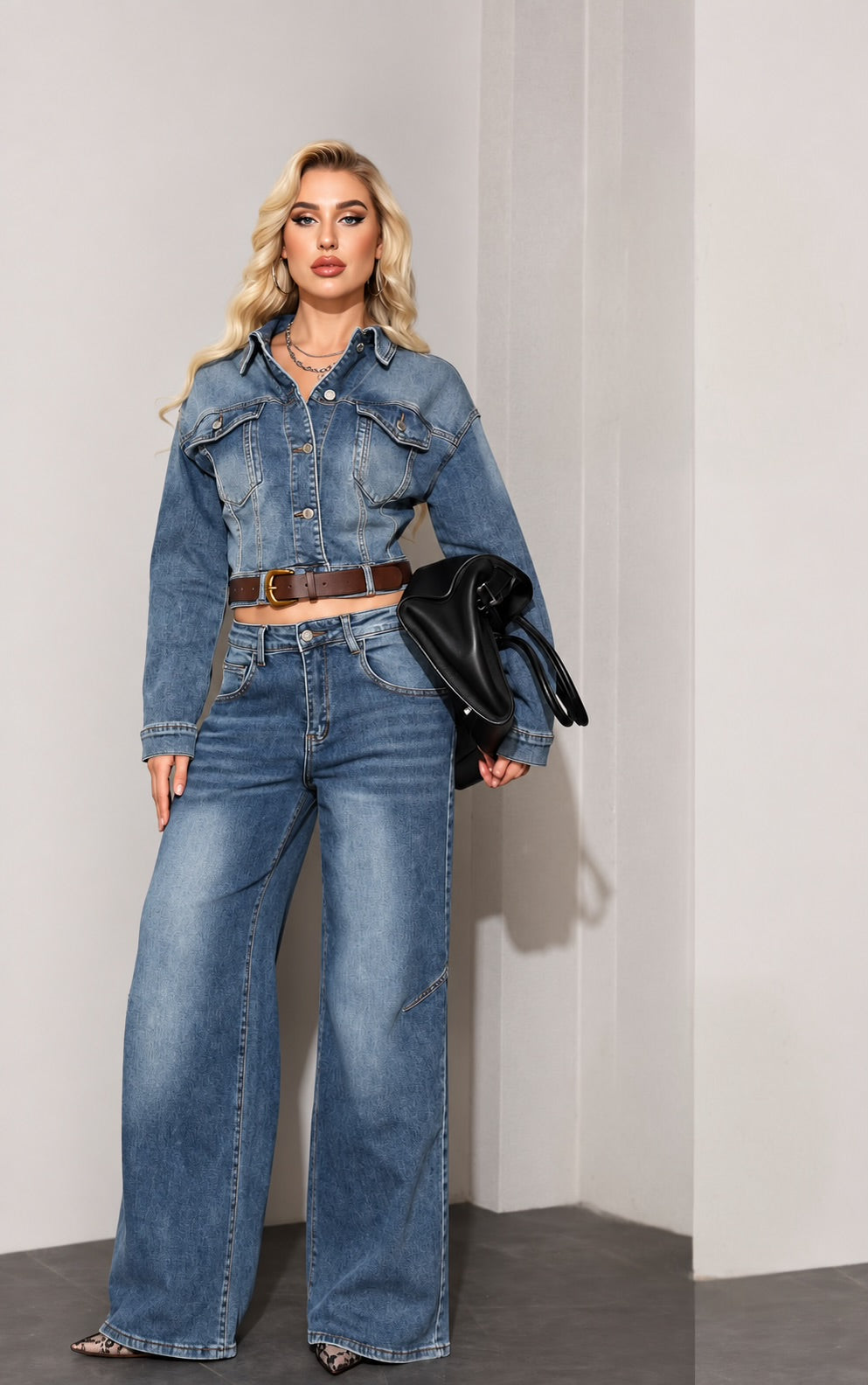Denim Σετ με Jacket & Wide Leg Jeans