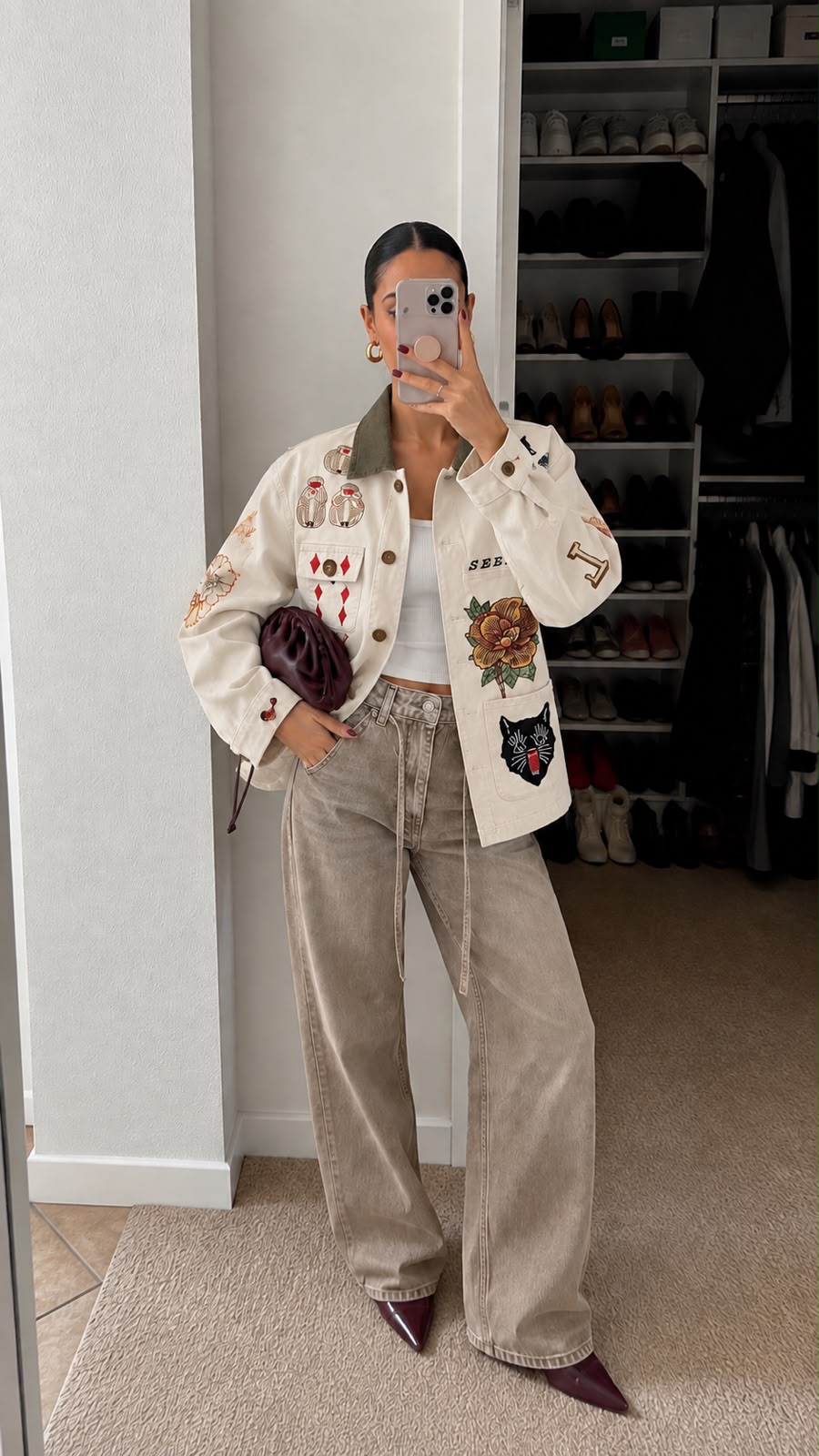 Chore jacket με κεντημένα patches κρεμ