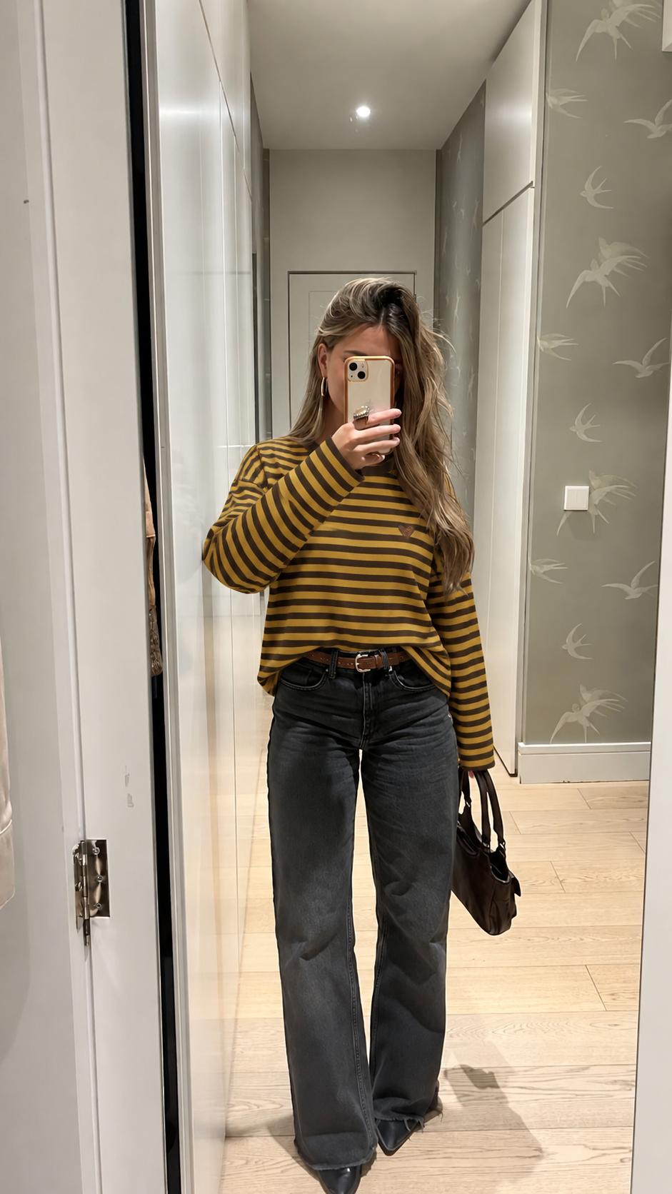 Ριγέ oversized μπλούζα με καρδιά μουσταρδί καφέ