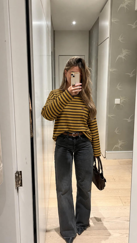 Ριγέ oversized μπλούζα με καρδιά μουσταρδί καφέ