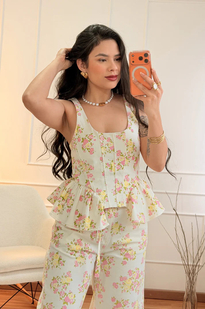 Σετ τοπ και παντελόνι με λουλούδια Lumina