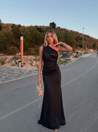 Maxi φόρεμα one shoulder με παγιέτες μαύρο
