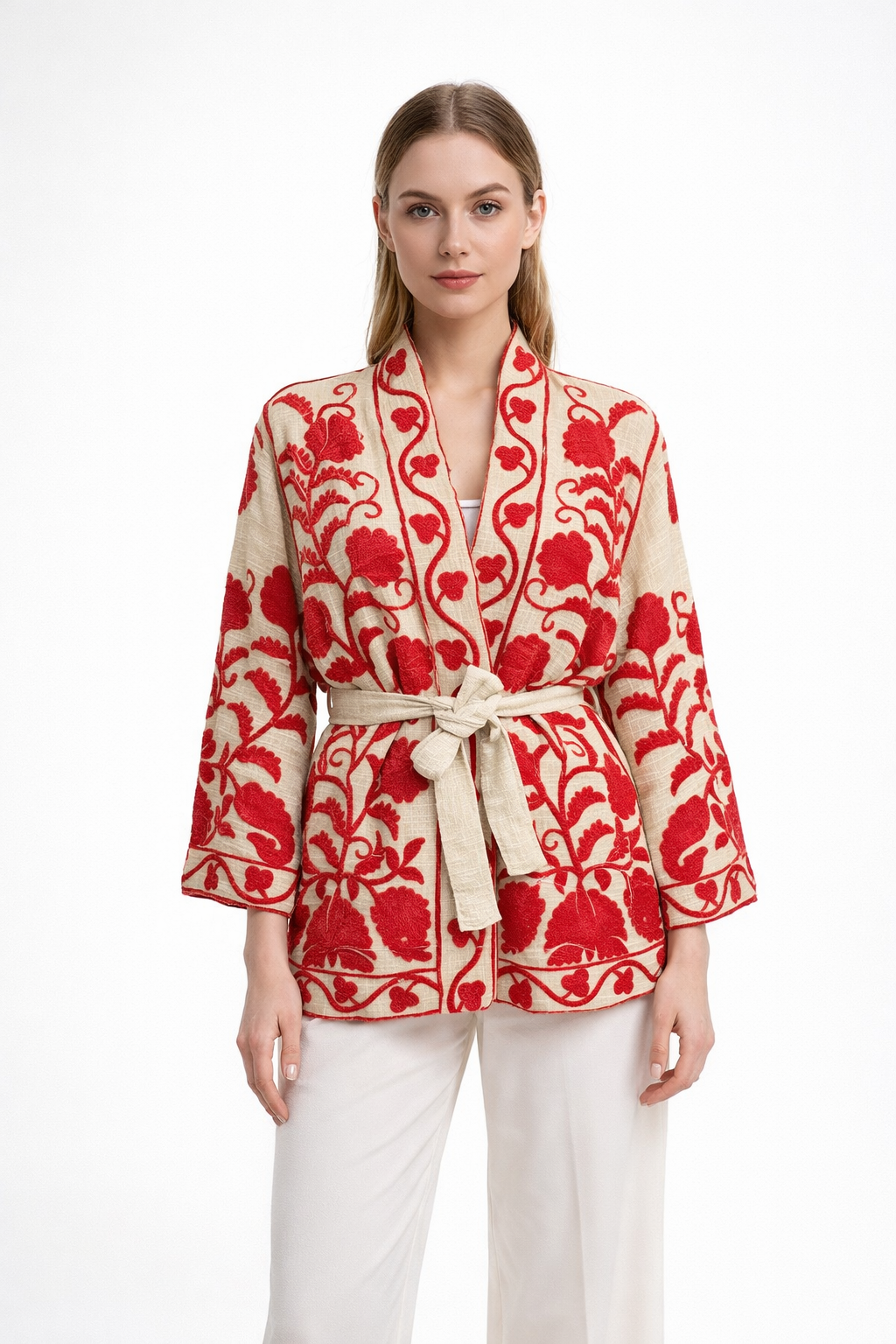 Κιμονό με κόκκινο print και ζώνη