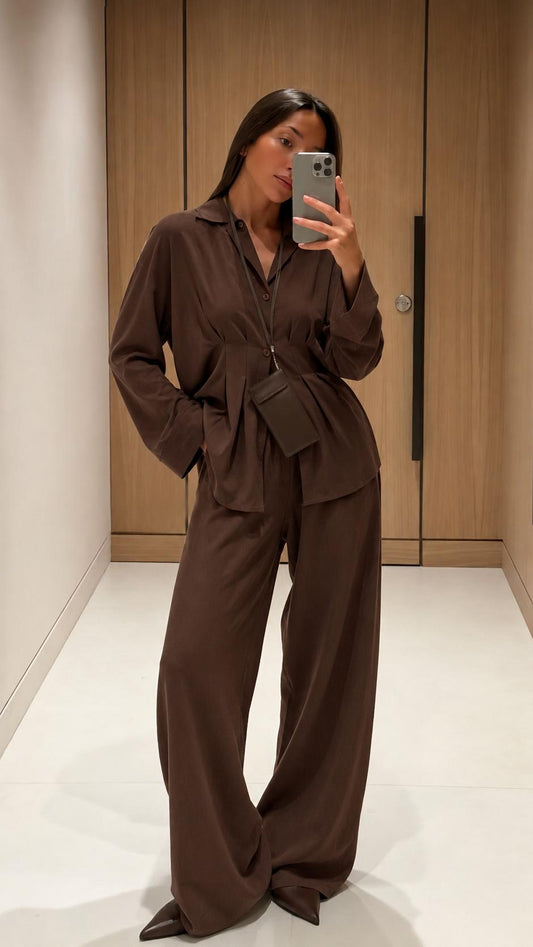 Σετ πουκάμισο με πιέτες και wide leg παντελόνι καφέ