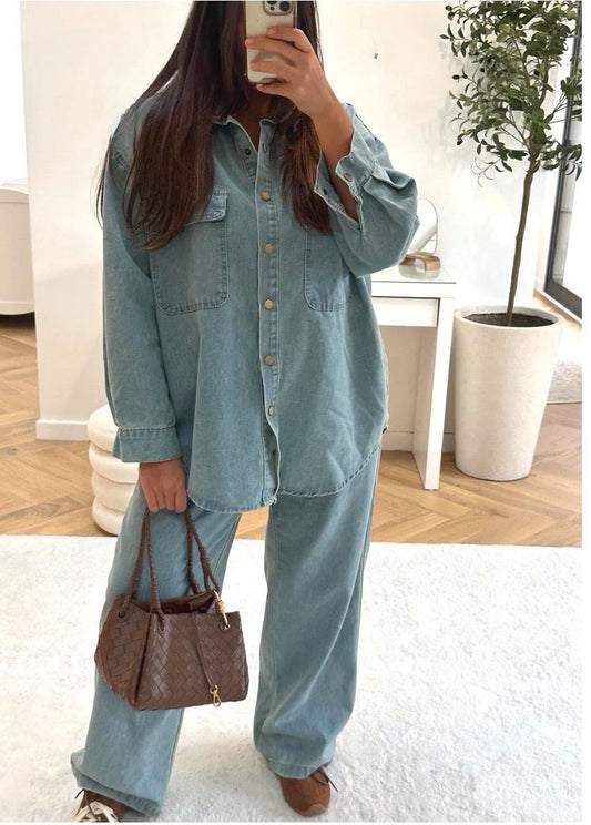 Σετ τζιν πουκάμισο και παντελόνι με λάστιχο