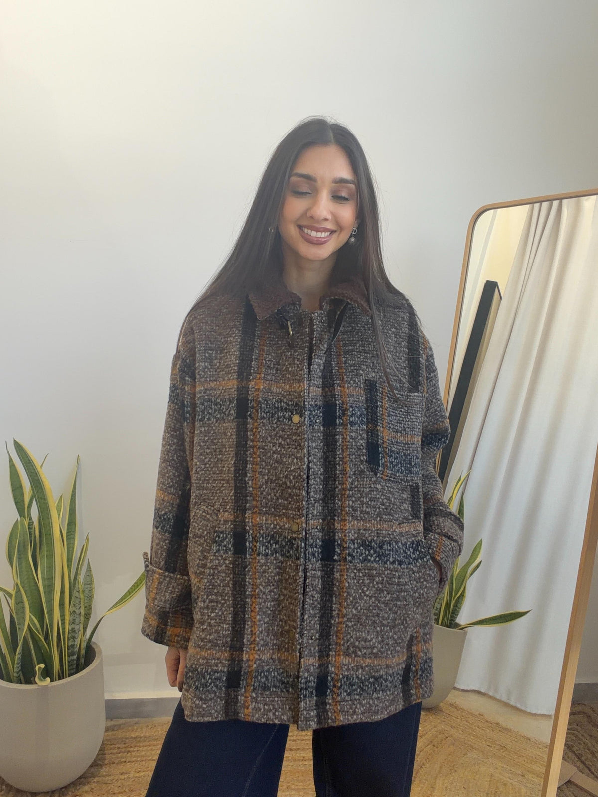 Καρό oversized jacket με γιακά teddy