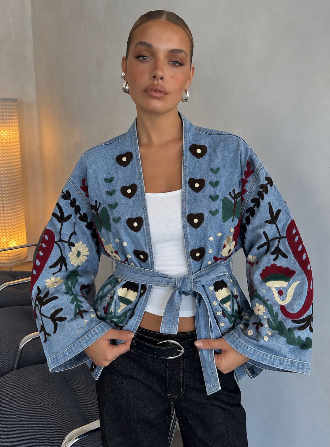 Denim Kimono Jacket με Κεντήματα & Ζώνη