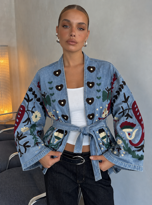 Denim Kimono Jacket με Κεντήματα & Ζώνη