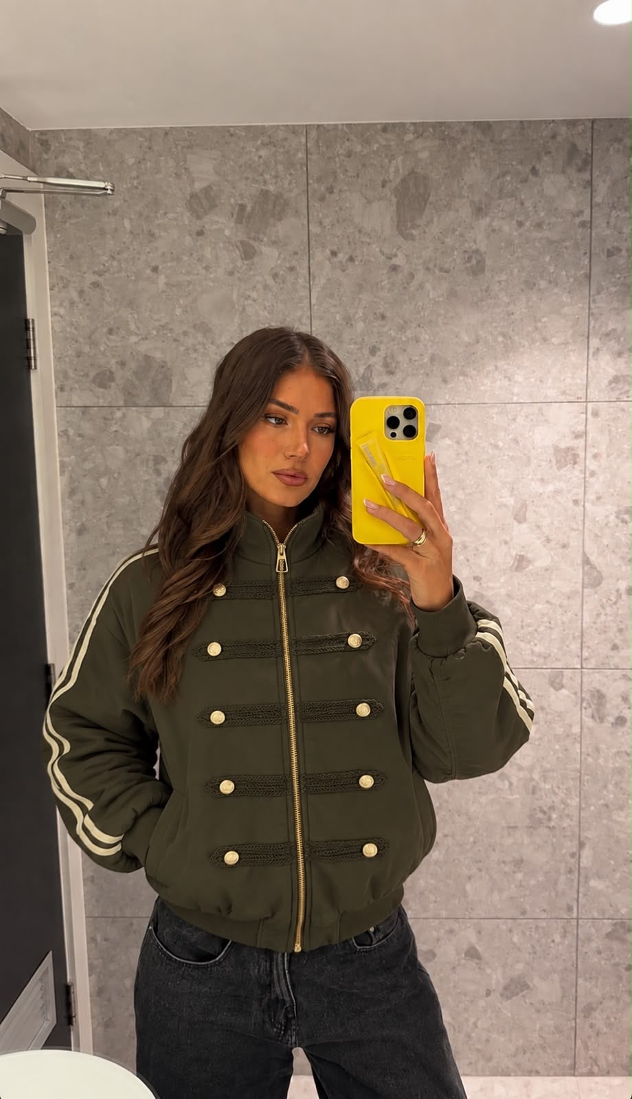 Military Bomber Jacket με Χρυσά Κουμπιά Χακί