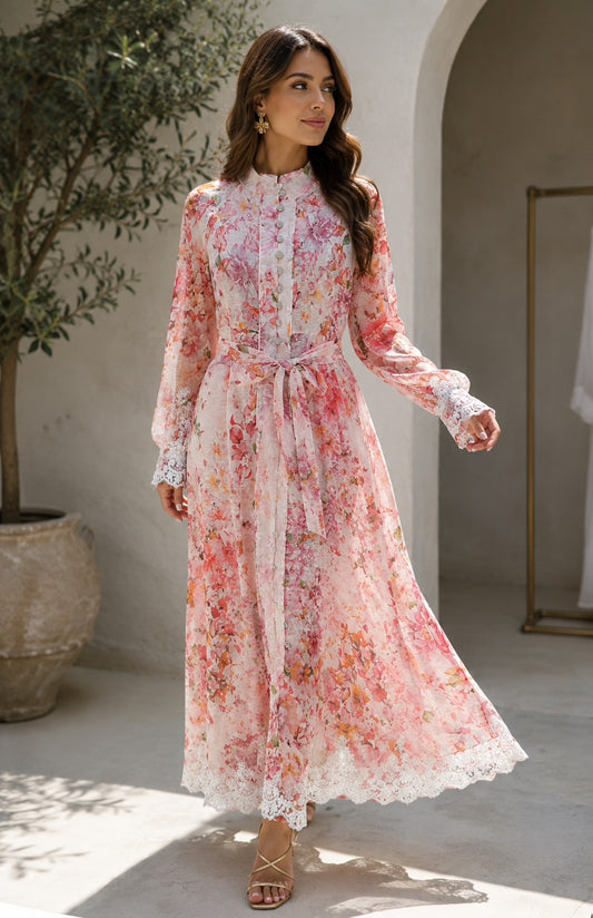 Floral Maxi φόρεμα με δαντέλα και ζώνη