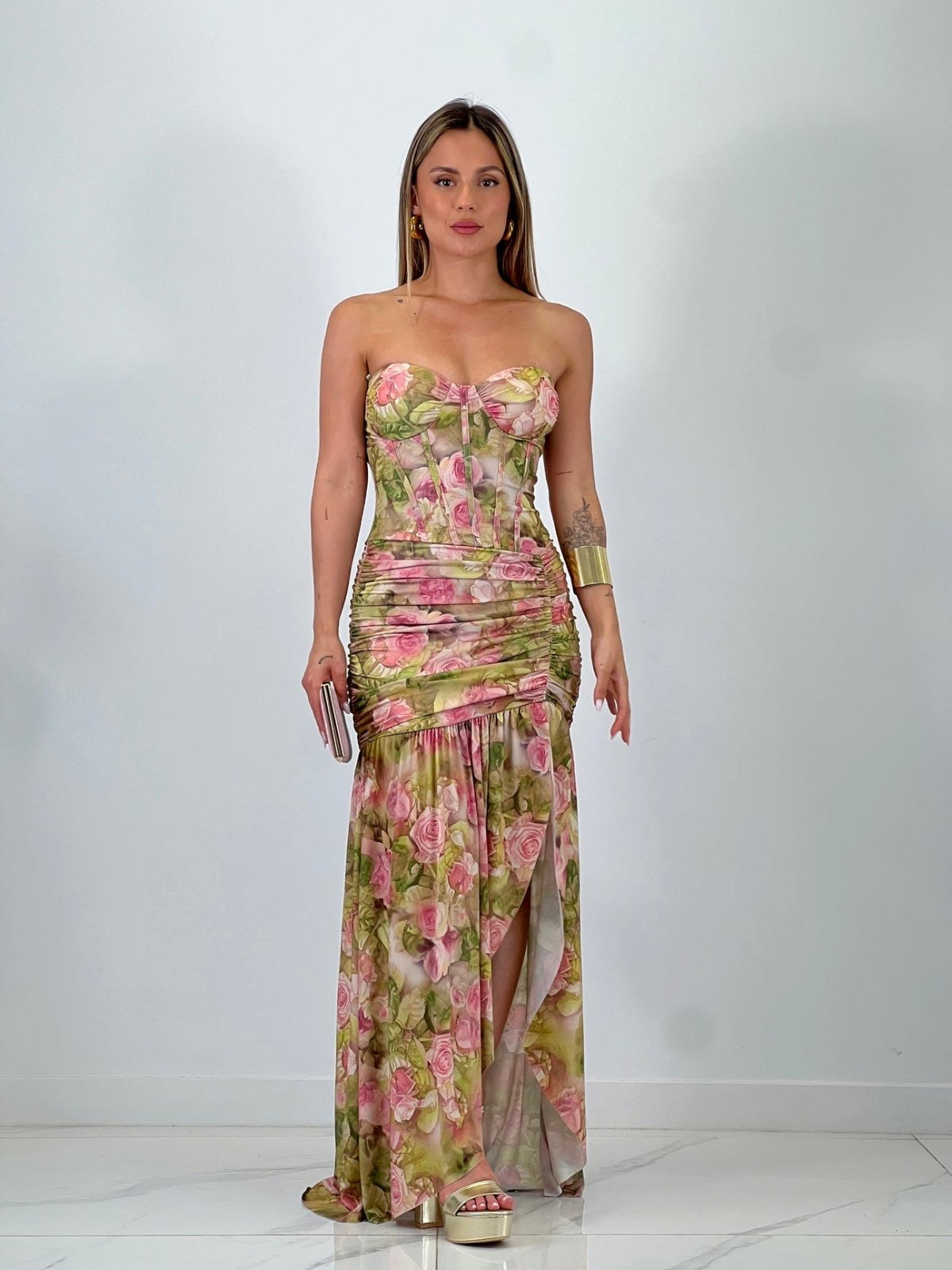 Floral maxi φόρεμα κορσέ