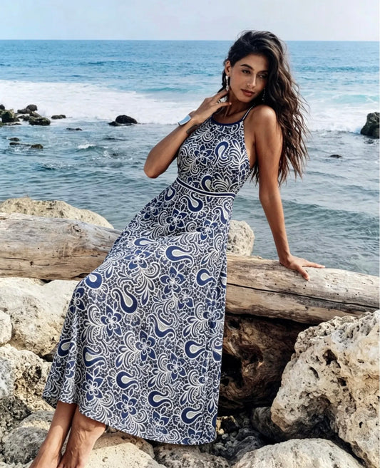 Halter Maxi Φόρεμα με Δαντελένιο Print