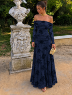 Maxi Φόρεμα Off Shoulder με Floral Βελούδινο Σχέδιο