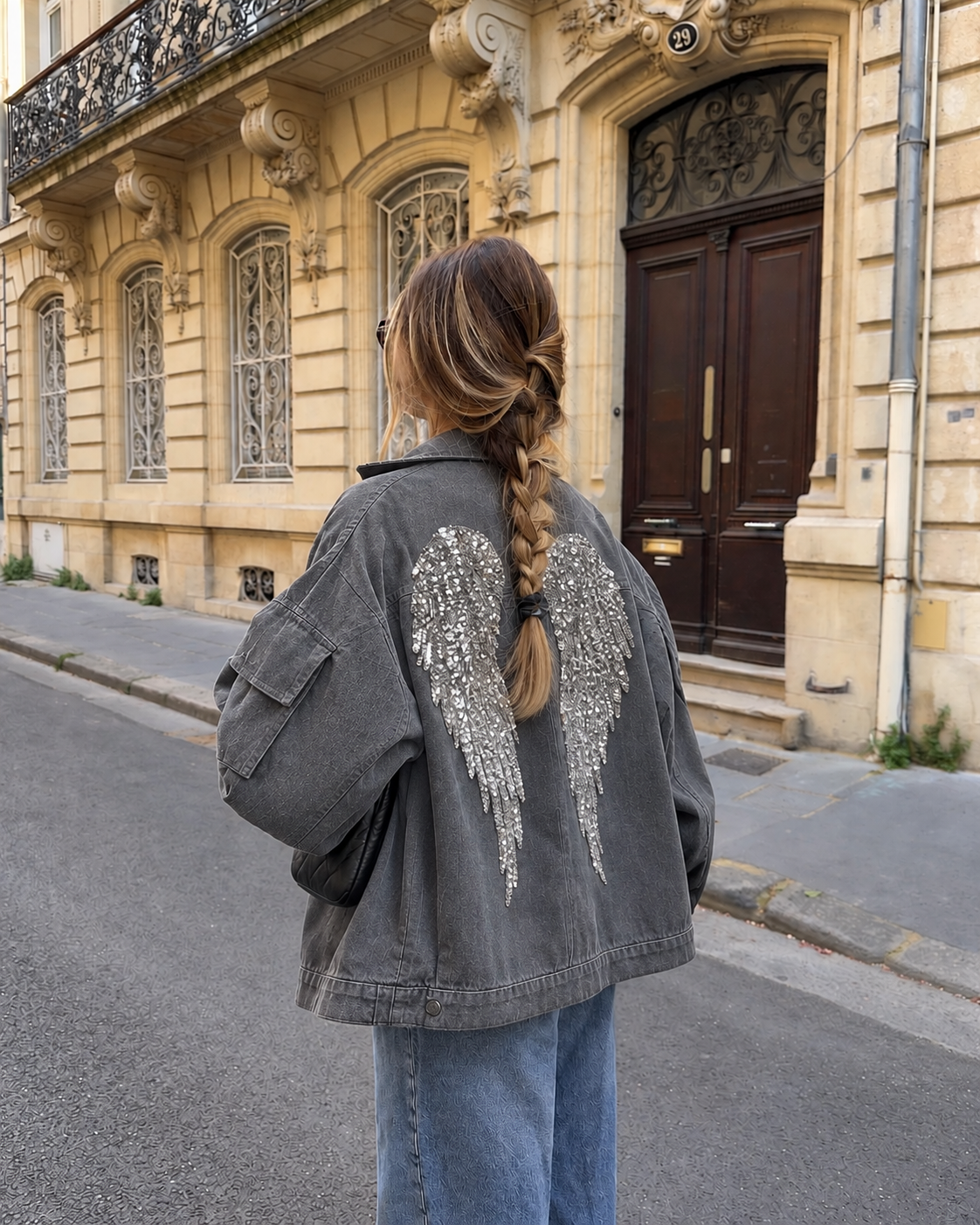 Oversized jacket με patches και φτερά
