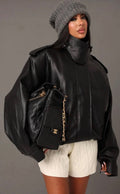 Oversized bomber μπουφάν δερματίνη μαύρο