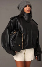 Oversized bomber μπουφάν δερματίνη μαύρο