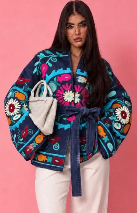 Κιμονό Jacket με Πολύχρωμα Κεντήματα & Ζώνη