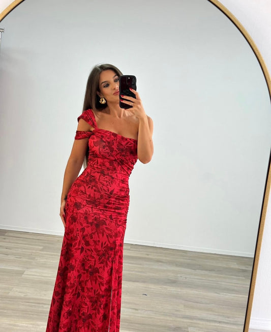 Patterned maxi φόρεμα με ένα ώμο