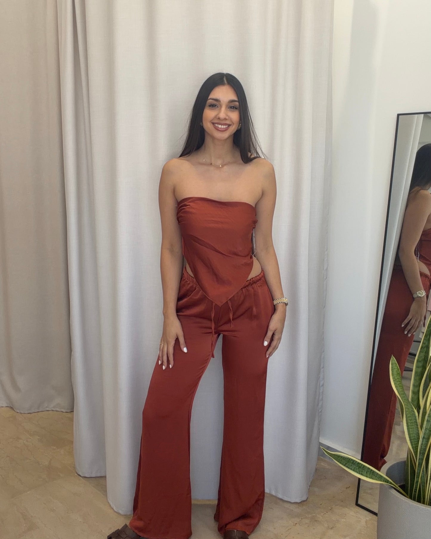 Σατέν Σετ με Strapless Τοπ & Παντελόνα