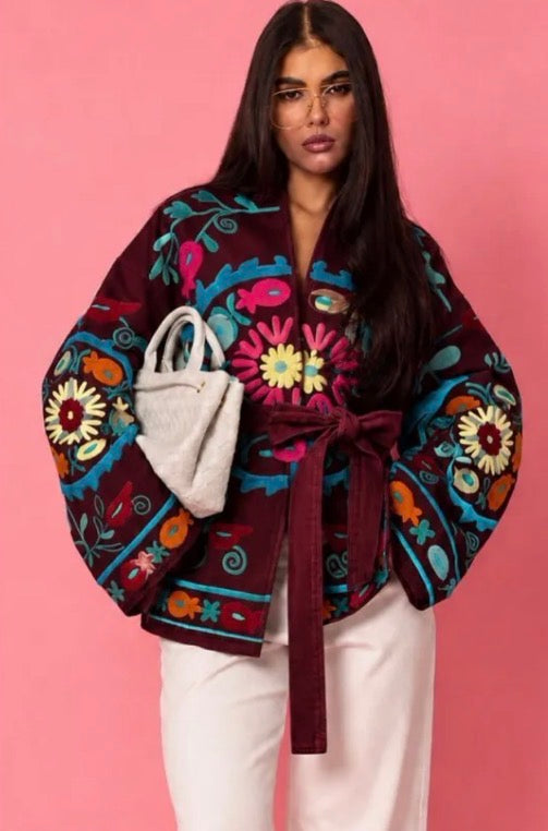 Κιμονό Jacket με Πολύχρωμα Κεντήματα & Ζώνη