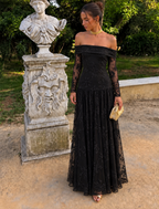 Maxi Φόρεμα Off Shoulder με Floral Κεντητό Σχέδιο