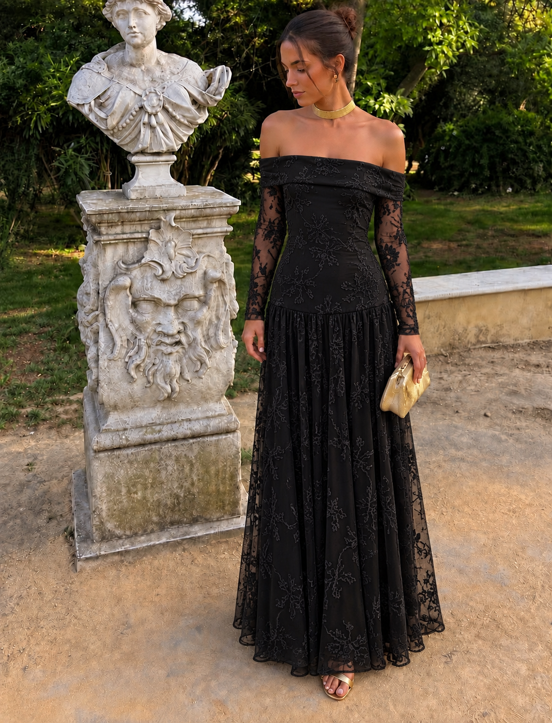 Maxi Φόρεμα Off Shoulder με Floral Κεντητό Σχέδιο