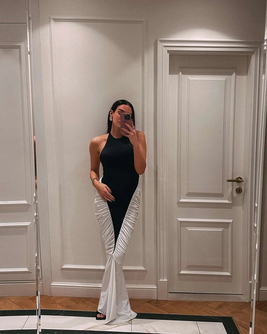 Φόρεμα maxi με σούρες ασπρόμαυρο