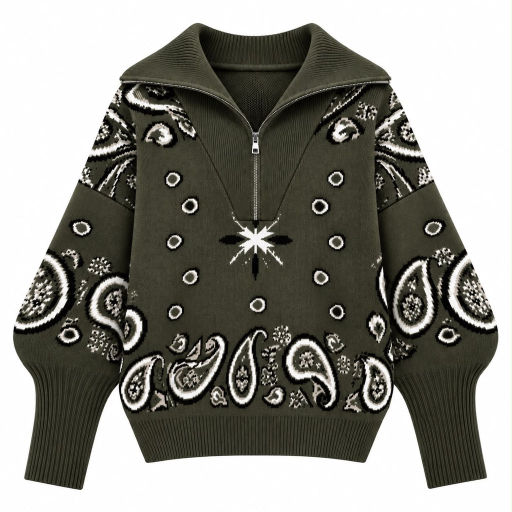 Πλεκτό πουλόβερ paisley λαδί