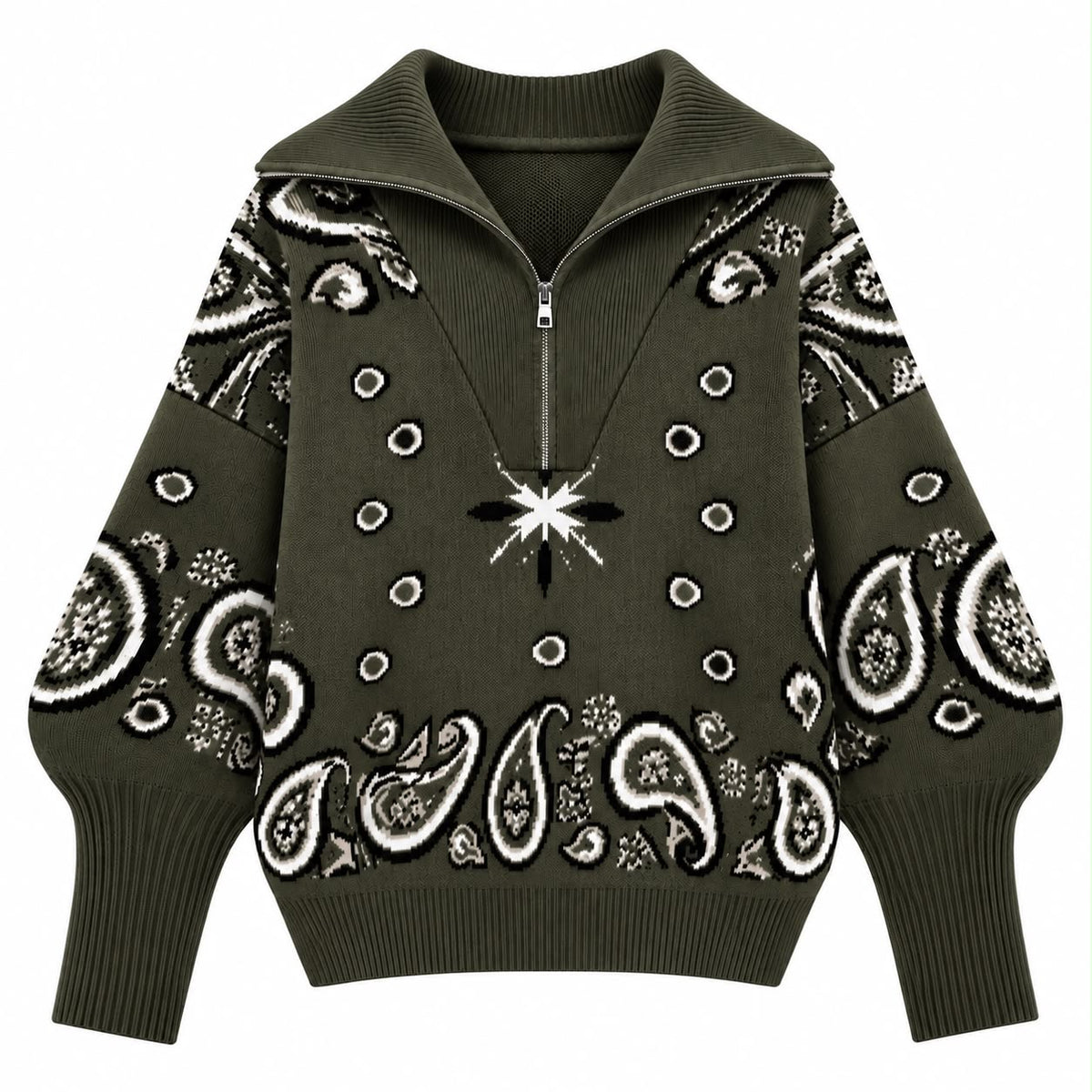 Πλεκτό πουλόβερ paisley λαδί