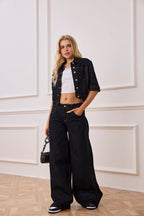 Denim σετ crop τζάκετ & παντελόνι